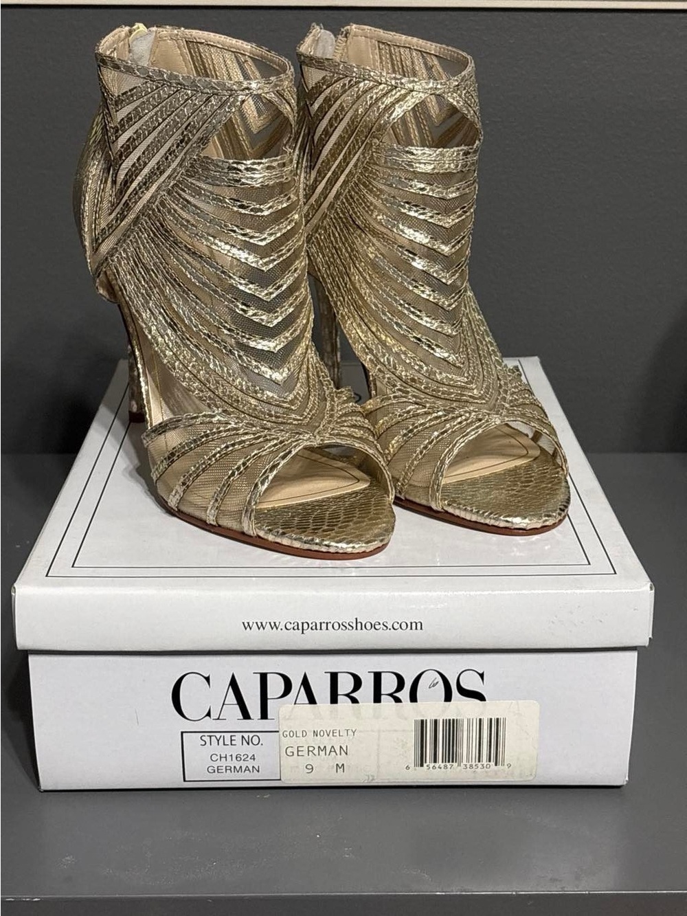 Caparros German Gold Strappy Peep-Toe Heels - Size 9M - New